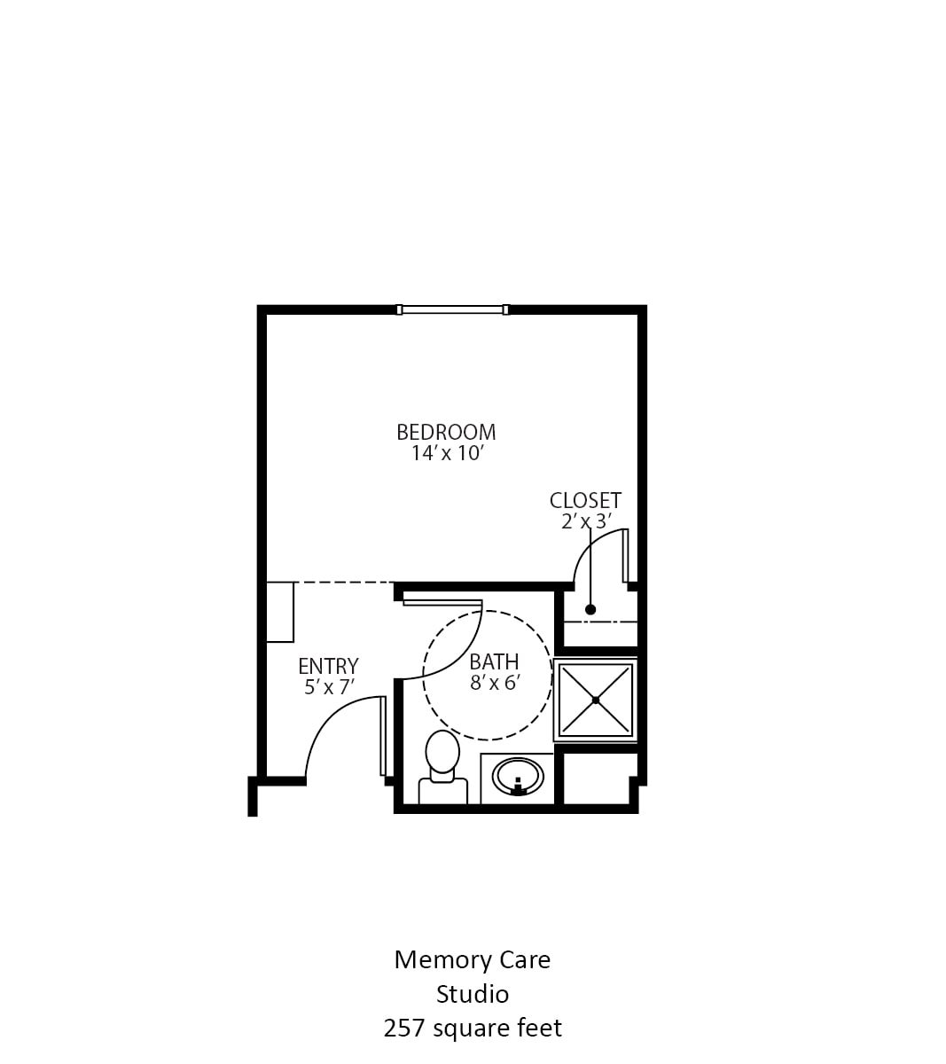 Studio apartment floor plan with bathroom, kitchen, and closet.