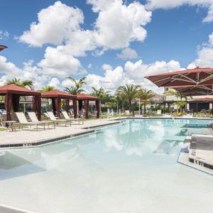 A luxurious outdoor pool area with lounge chairs and umbrellas under a clear blue sky.
