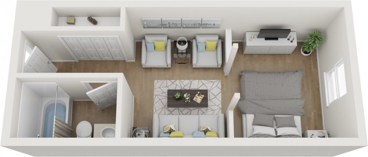 A modern apartment floor plan showcasing a living area with stylish furniture and decor.