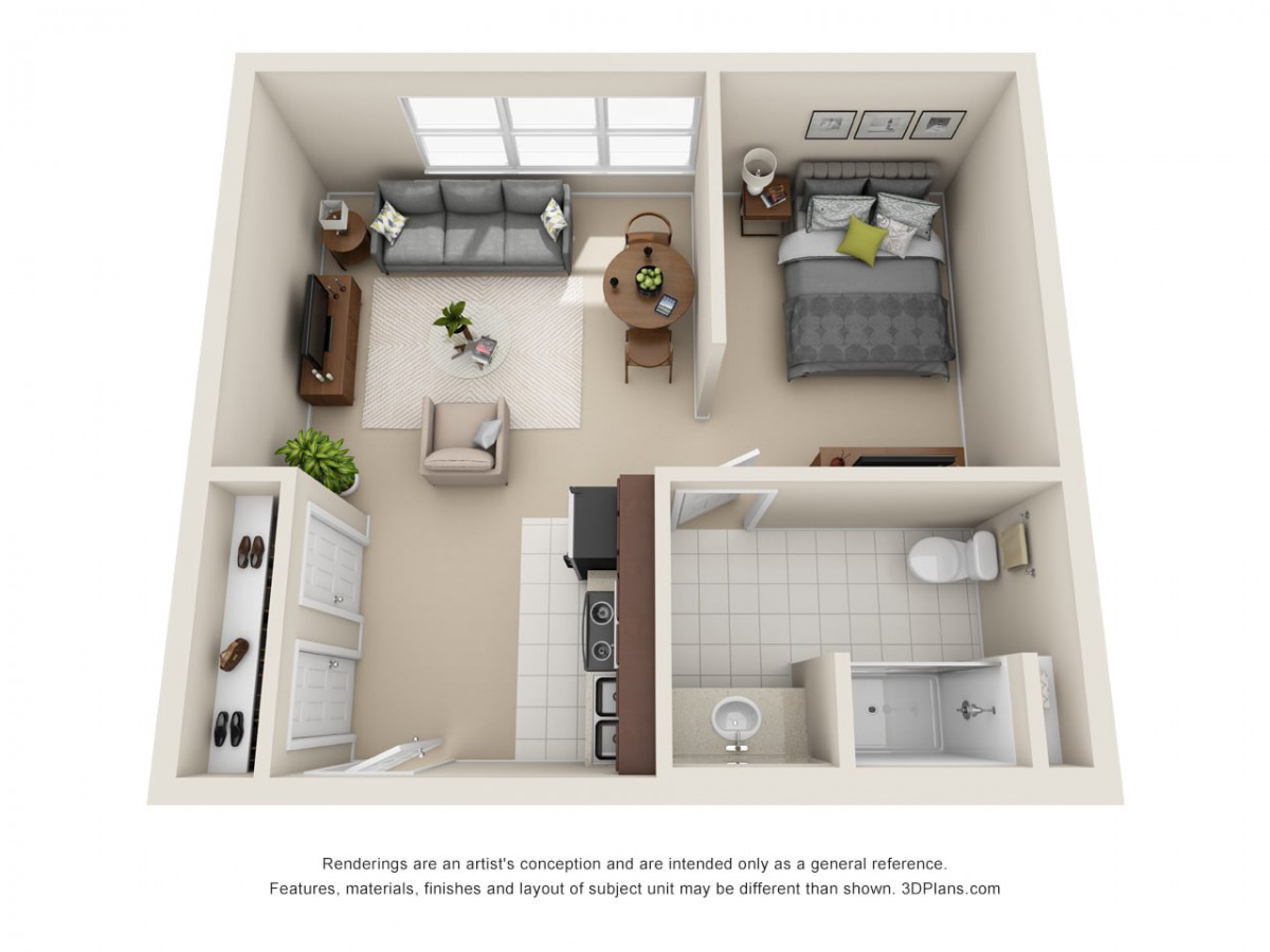 A 3D rendering of a one-bedroom apartment layout featuring a living room, kitchen, and bathroom.