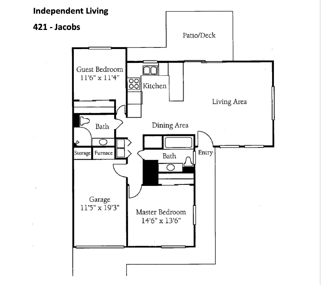 This image is a floor plan for an independent living apartment featuring two bedrooms, a garage, and a spacious living area.