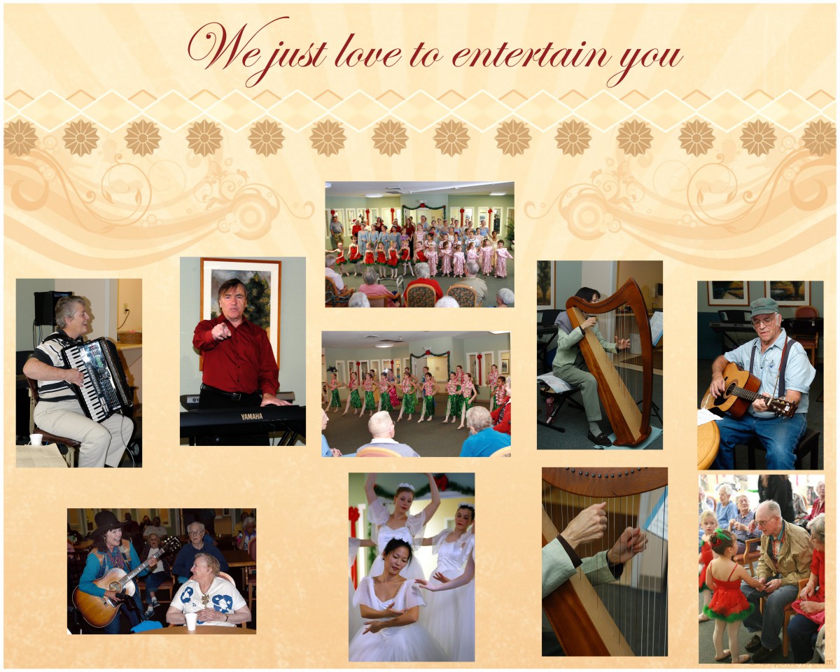 A collage of musical and entertainment activities showing various performances and group events.