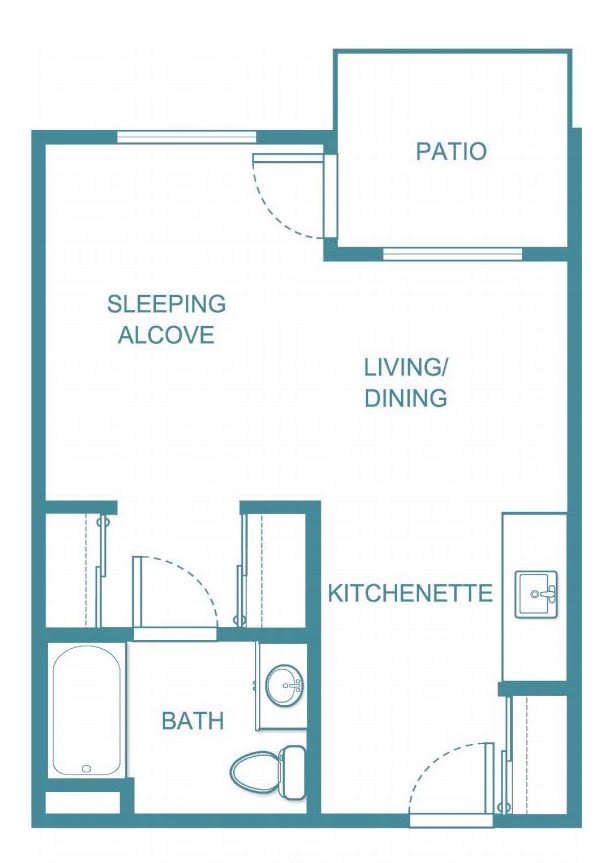 Floor plan of a studio apartment featuring a sleeping alcove, living/dining area, kitchenette, bath, and patio.