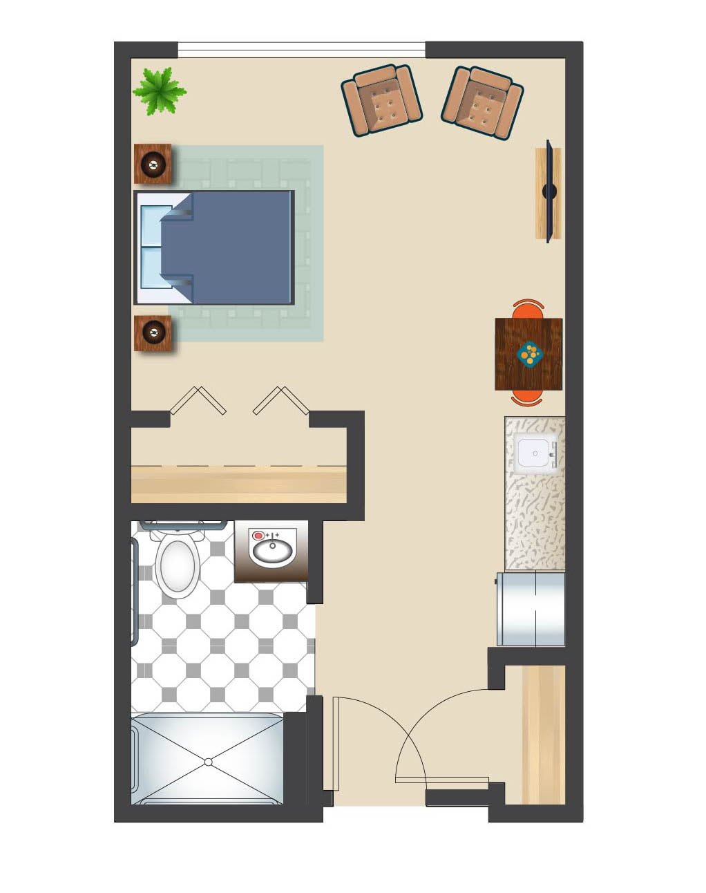 A simple apartment floor plan featuring a bedroom, bathroom, and living area with furniture arrangement.