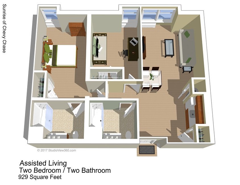 A 3D floor plan showing a two-bedroom, two-bathroom apartment with an open concept living area.