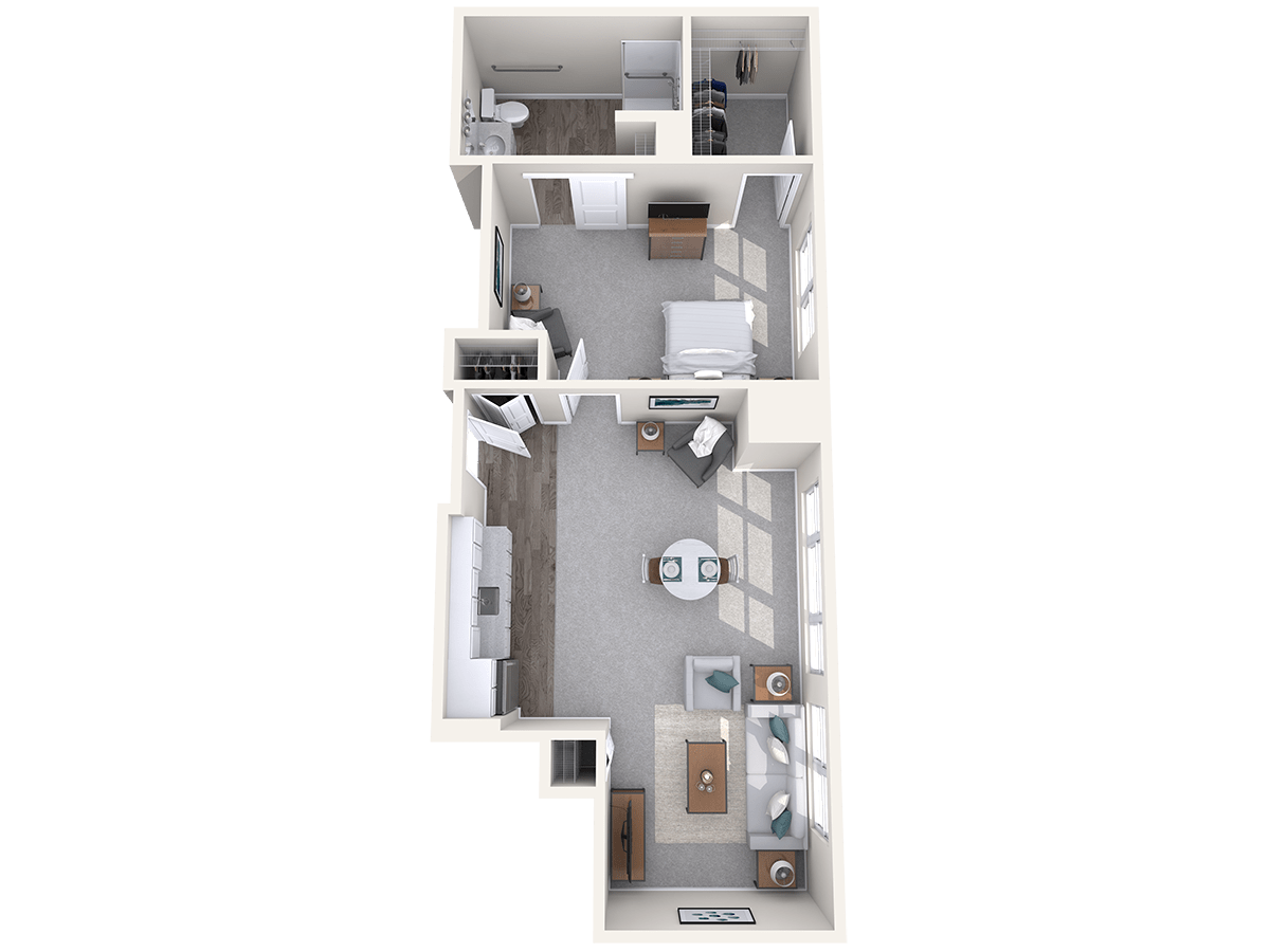 A modern 3D floor plan of a one-bedroom apartment with an open concept living area.