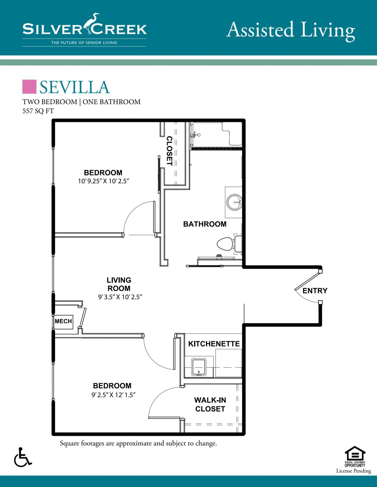Floor plan of a Sevilla apartment featuring two bedrooms, one bathroom, a living room, and a kitchen.