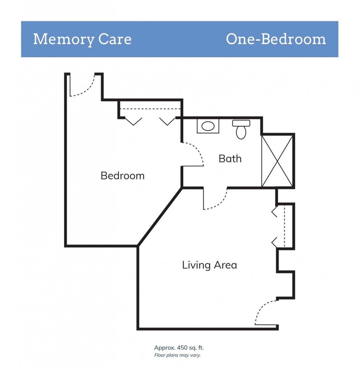 One-bedroom memory care apartment floor plan with designated living and sleeping areas.