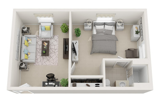 A top-down view of a compact apartment layout featuring a bedroom and living area.
