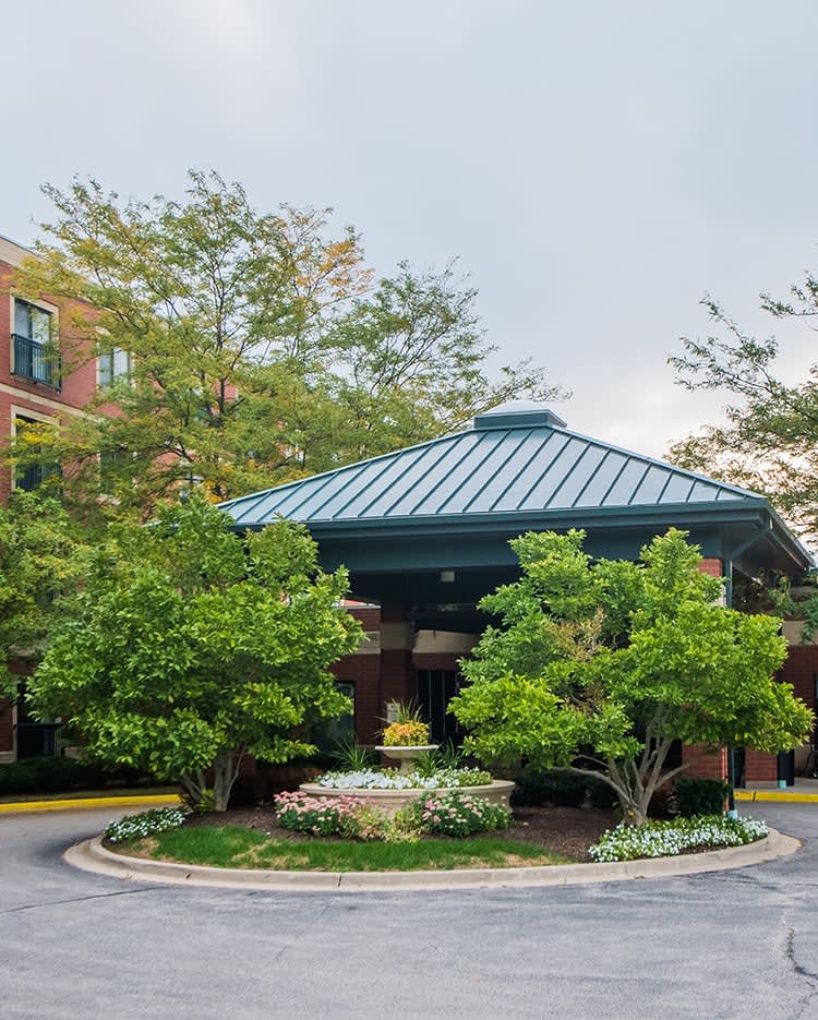 A welcoming building entrance with a canopy surrounded by lush landscaping.