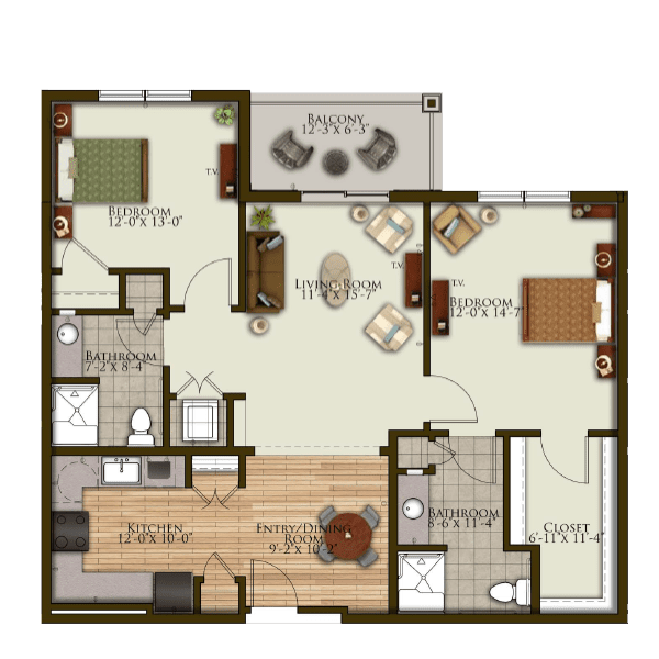 A floor plan of a two-bedroom apartment including a living room, kitchen, two bathrooms, and a balcony.