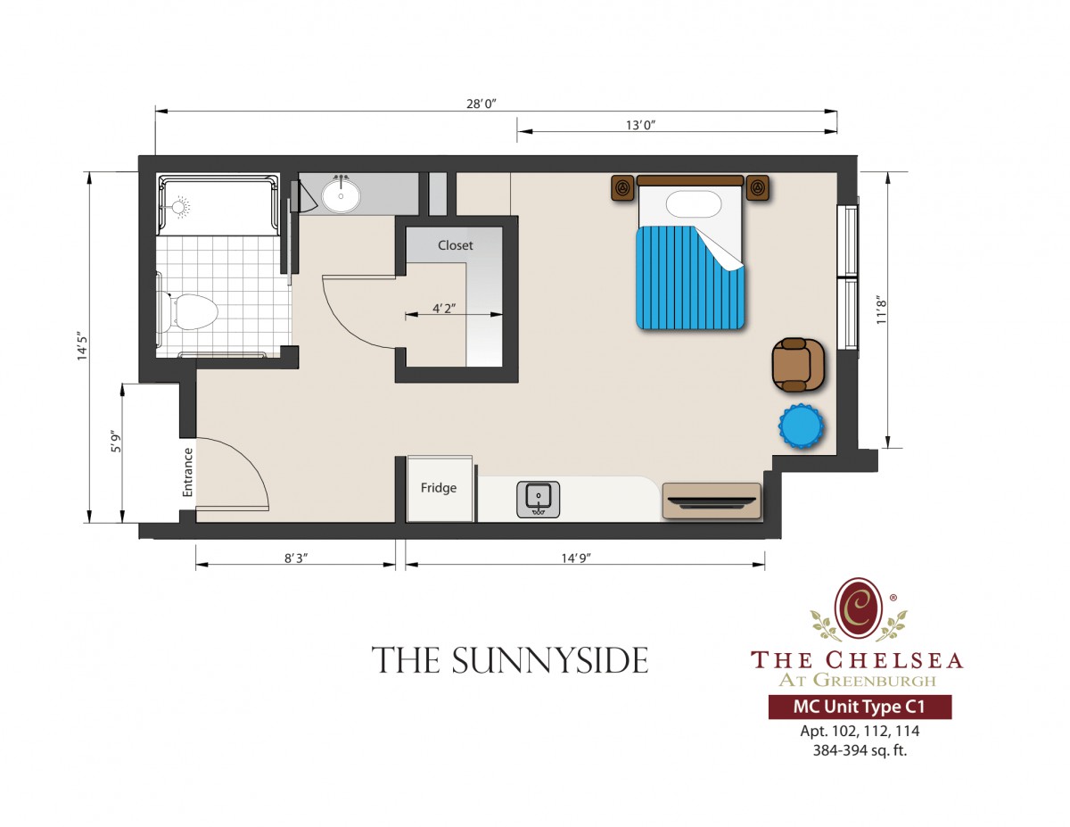 Floor plan of 'The Sunnyside' studio apartment at The Chelsea.