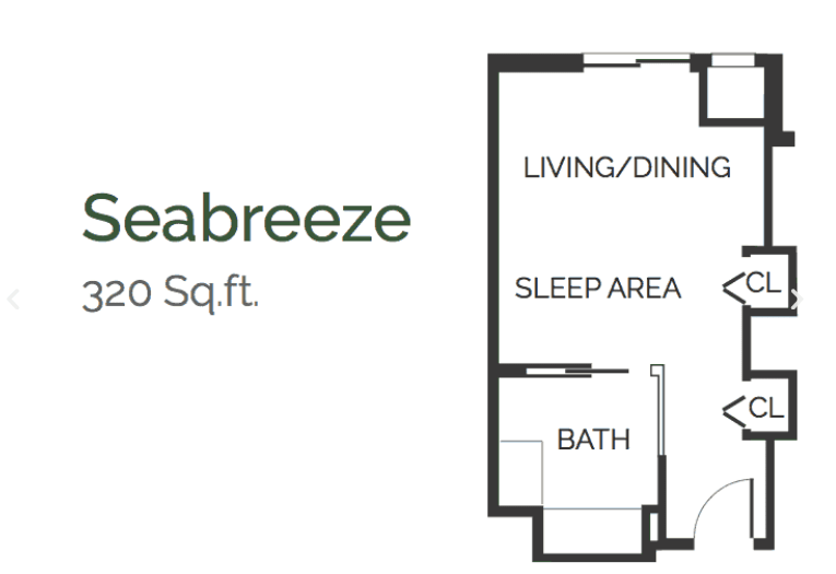 Floor plan of a studio apartment with designated living/dining, sleep area, and bath.