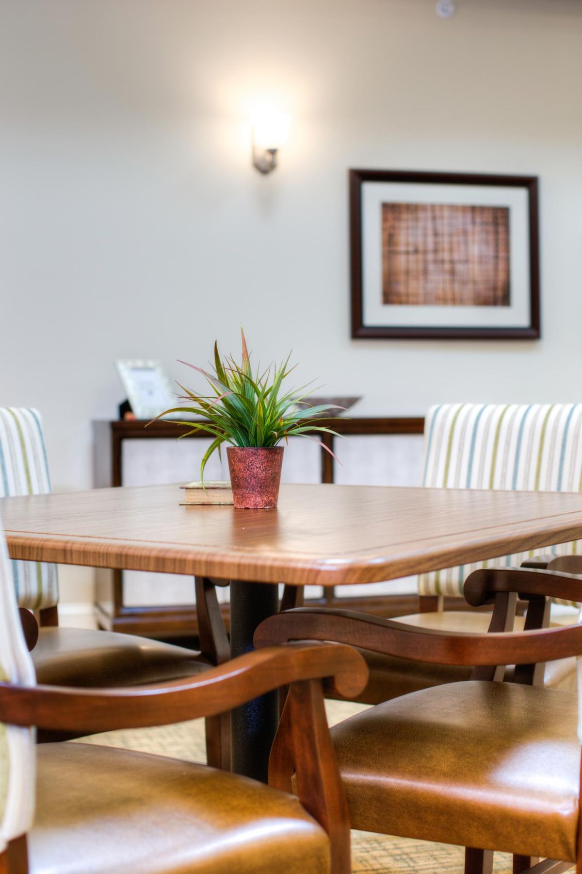 A cozy dining room setup featuring a wooden table with chairs and a potted plant centerpiece.