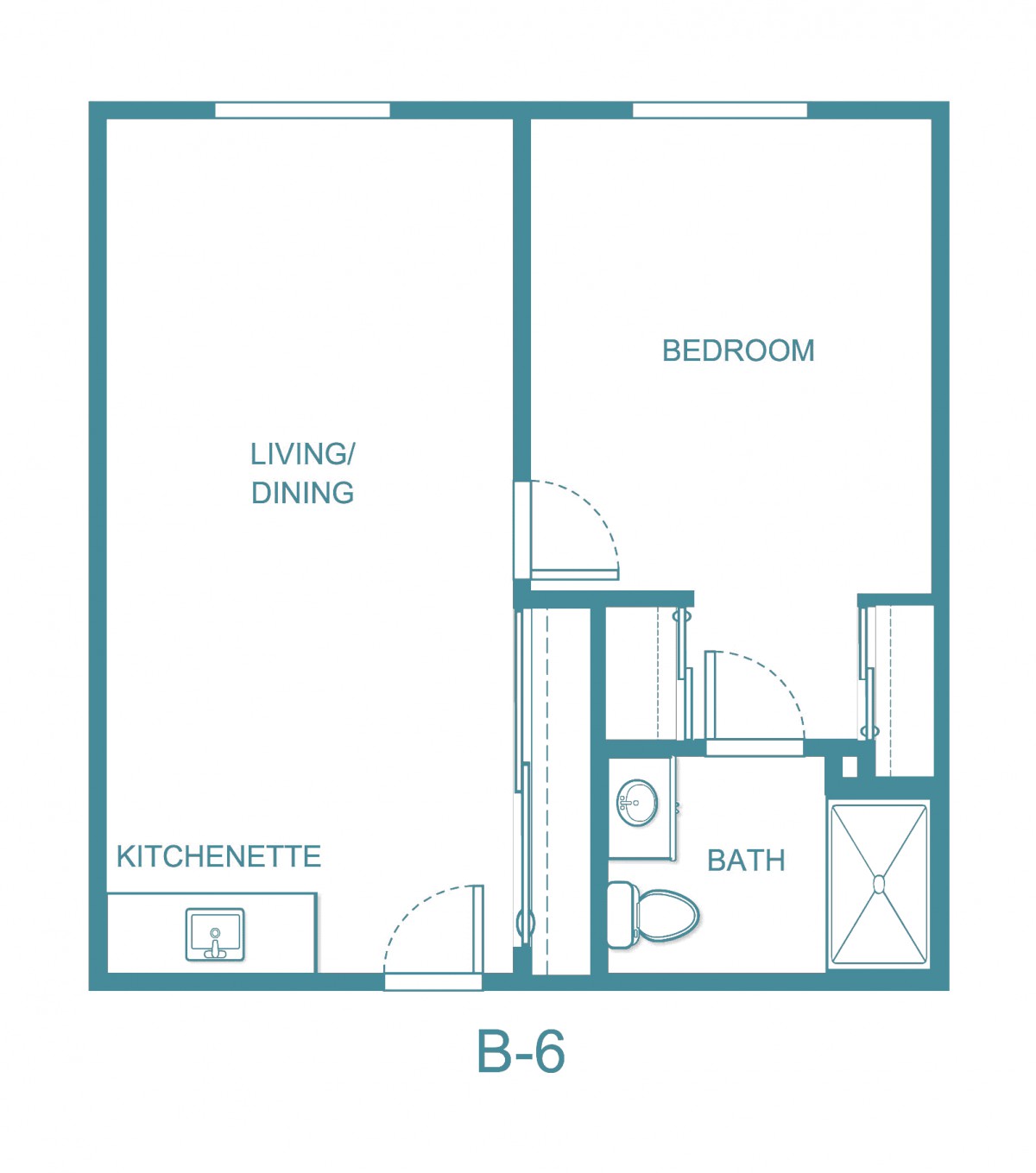 A floor plan layout showing a one-bedroom apartment with a kitchenette and bathroom.