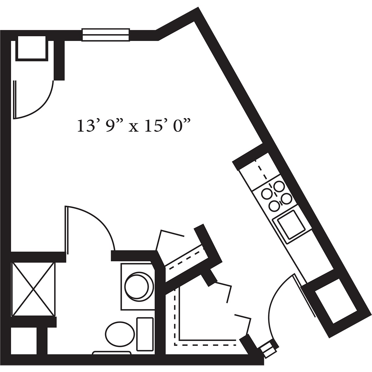 Studio apartment floor plan with kitchen, bathroom, and living area.