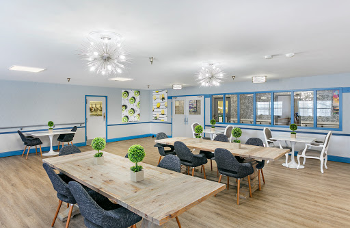 A modern and inviting office workspace featuring wooden tables, stylish chairs, and ample natural light.