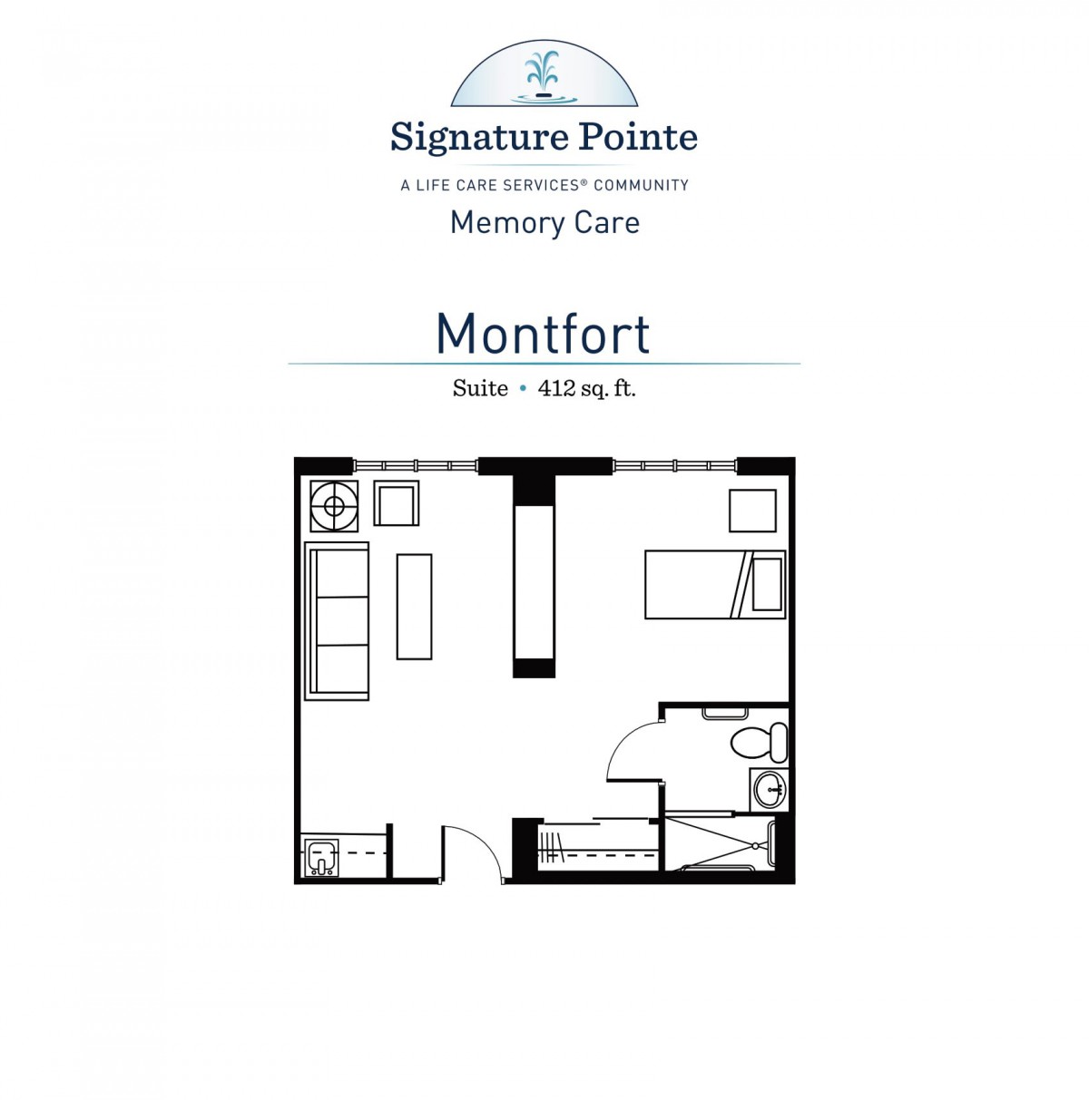 A detailed floor plan of the Montfort memory care unit at Signature Pointe.