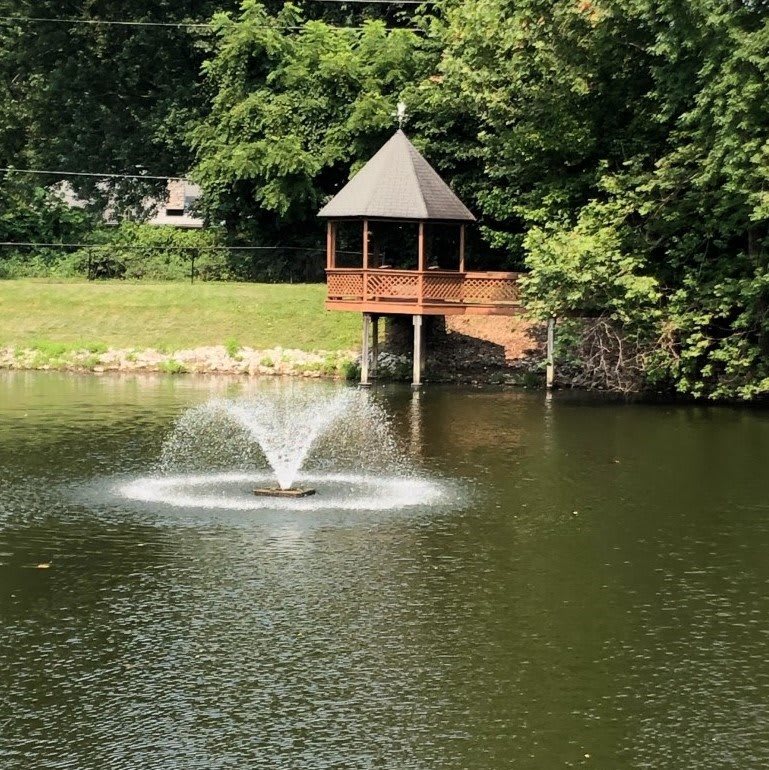 A peaceful pond with a fountain and gazebo surrounded by greenery.