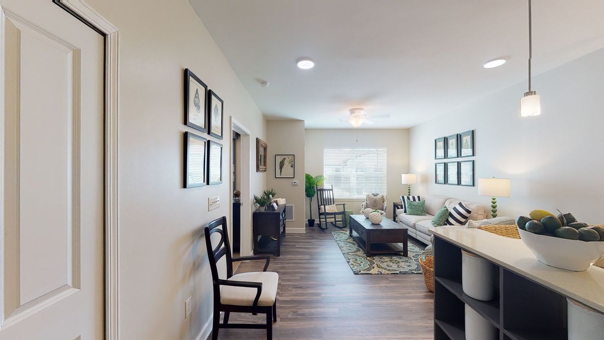 A modern living room with stylish decor, featuring wooden flooring, artwork, and ample natural light.