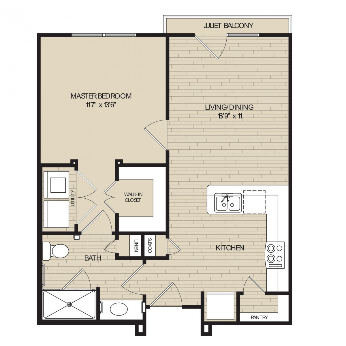 This image depicts a floor plan of a one-bedroom apartment featuring a kitchen, living room, bathroom, and balcony.