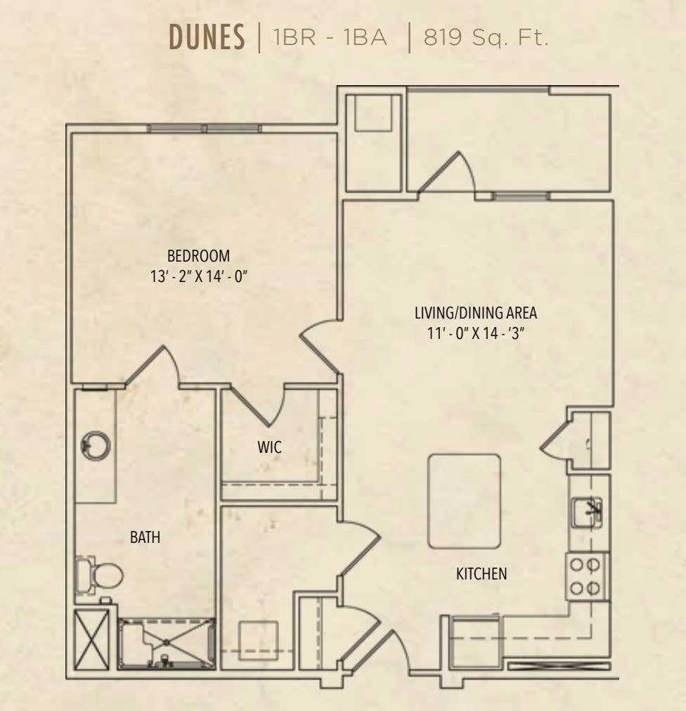 Floor plan of a 1-bedroom apartment with living area, kitchen, and bathroom.