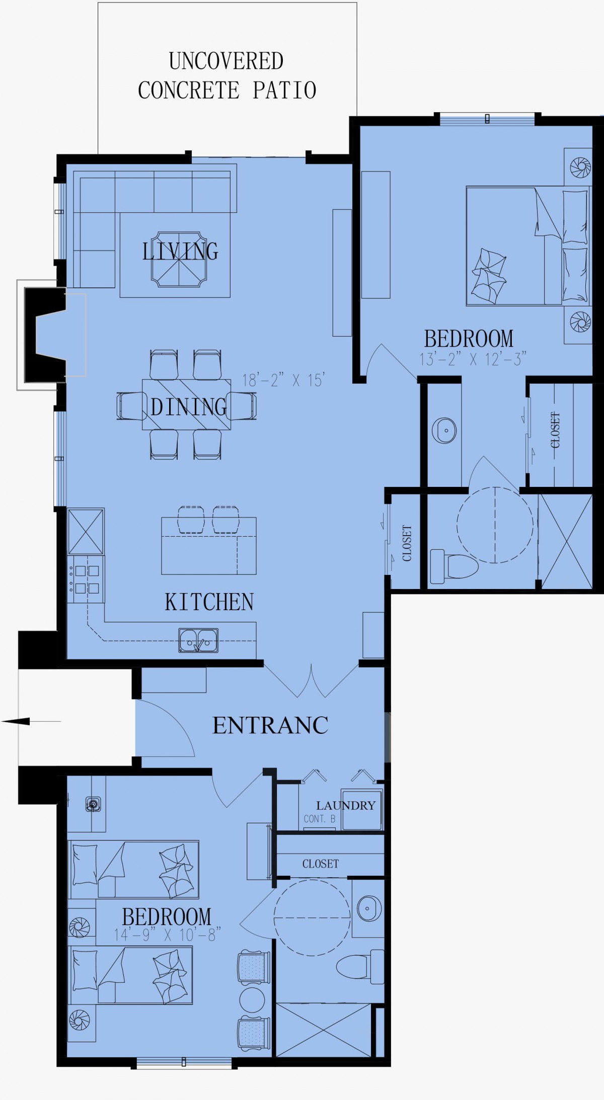 Blueprint of an apartment showing the layout of rooms including dining, kitchen, and bedroom areas.