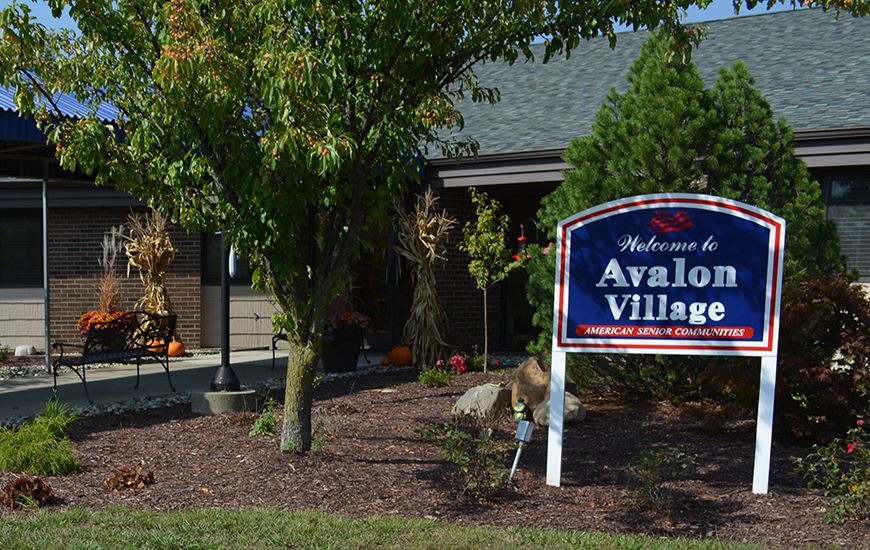Entrance sign for Avalon Village surrounded by trees and landscaping.