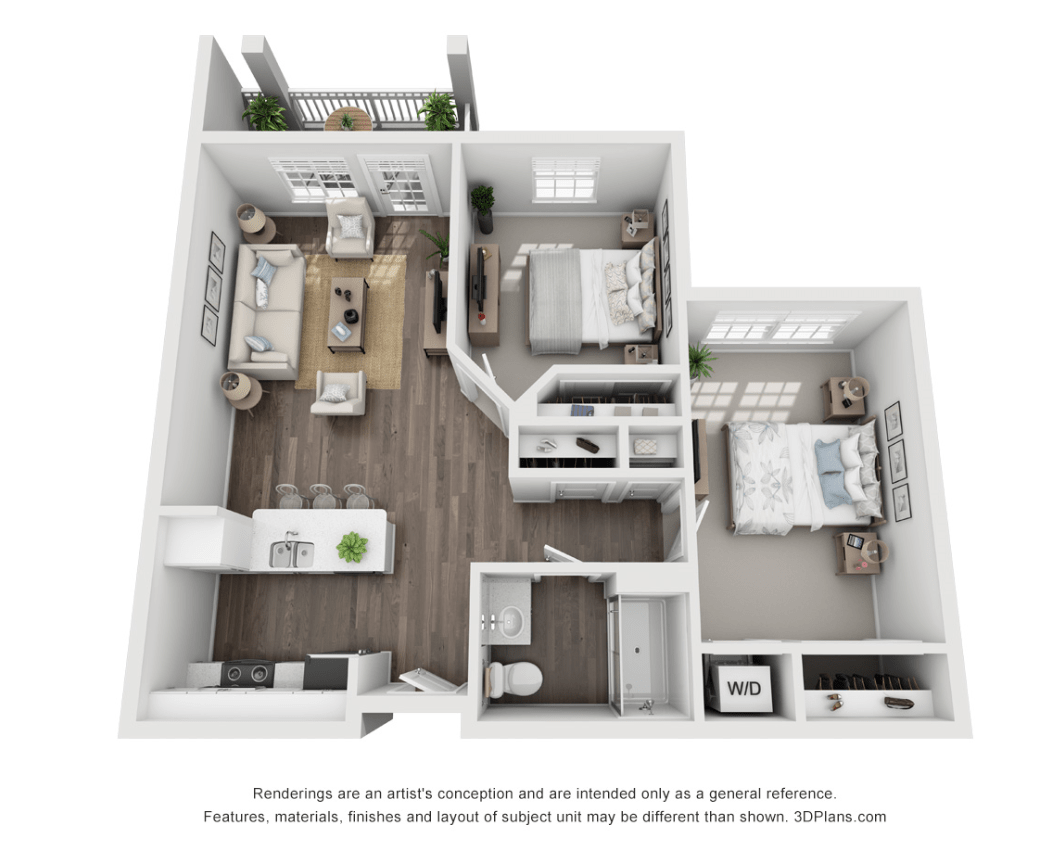 A modern 3D rendering of an apartment floor plan featuring two bedrooms, a living room, and a kitchen.