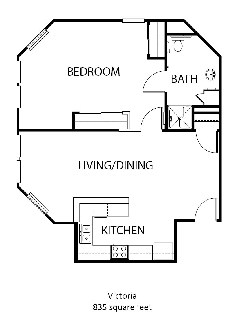 Floor plan of a one-bedroom apartment with a living/dining area, kitchen, and bathroom.