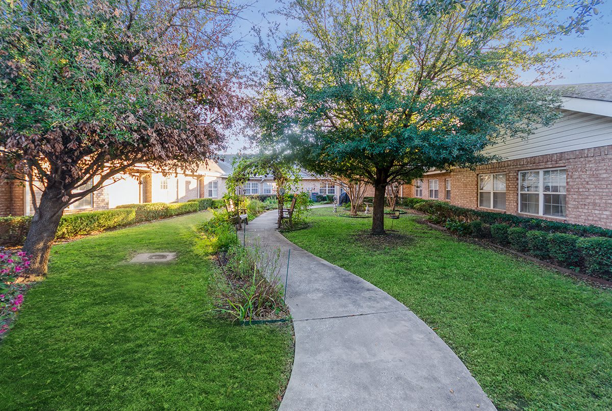 A serene garden with a winding pathway surrounded by lush greenery and trees.
