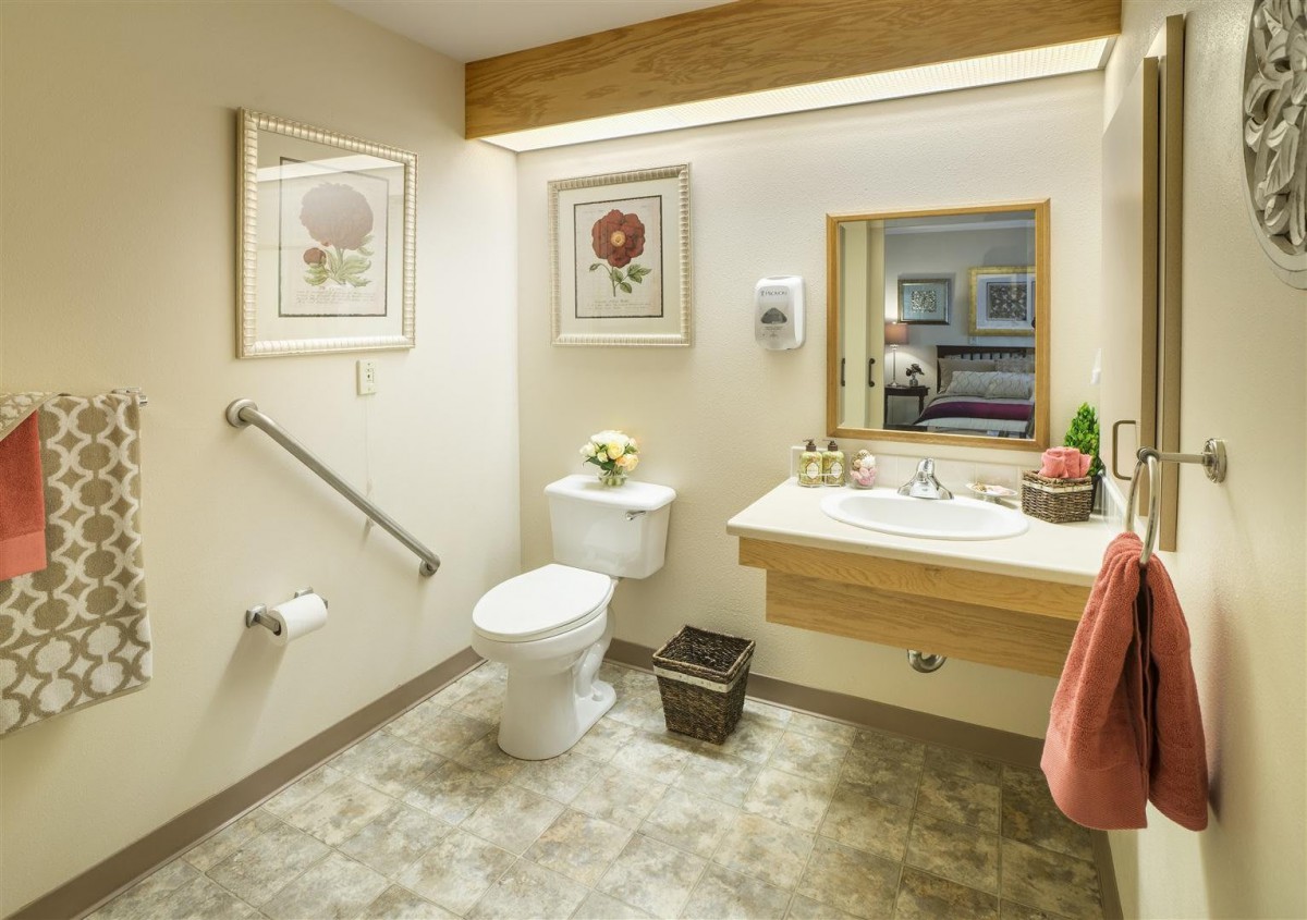 A well-decorated bathroom with a toilet, sink, and mirror, featuring floral wall art.