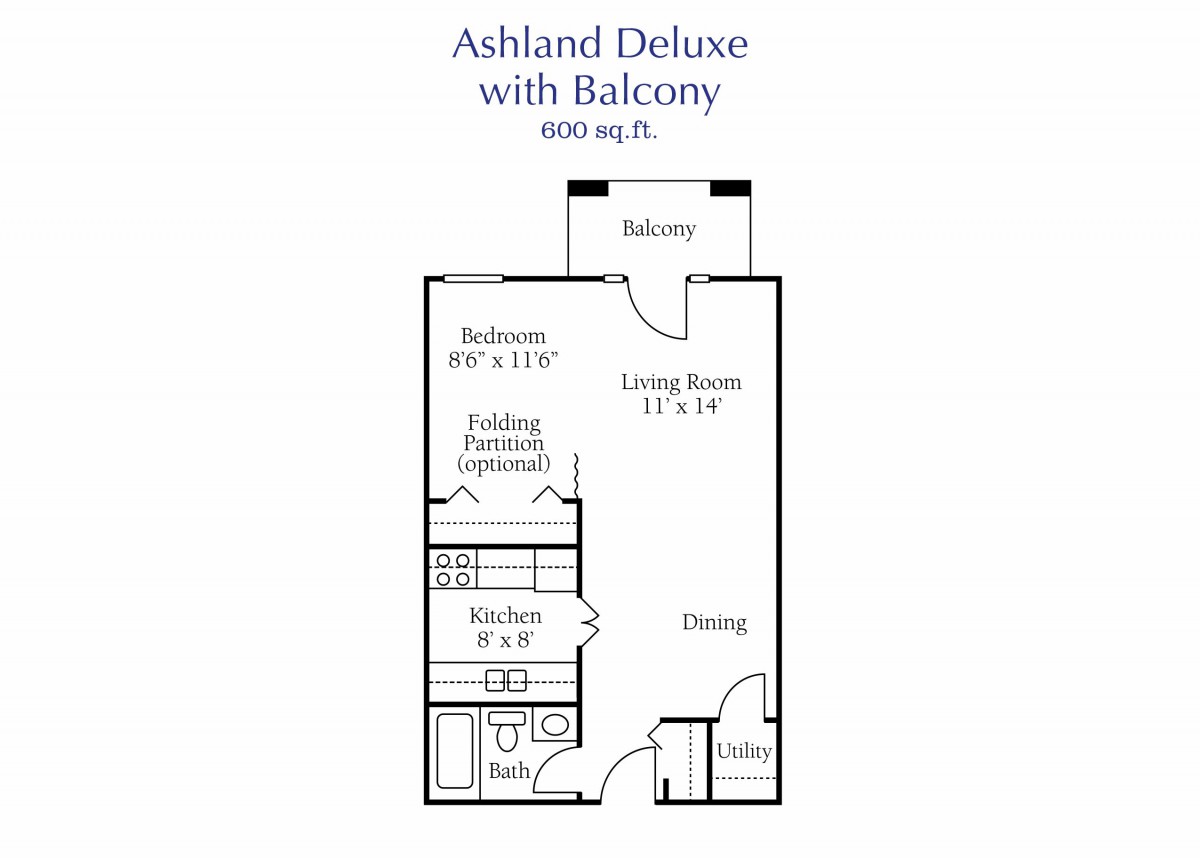 Ashland Deluxe apartment floor plan with balcony, featuring a one-bedroom layout.