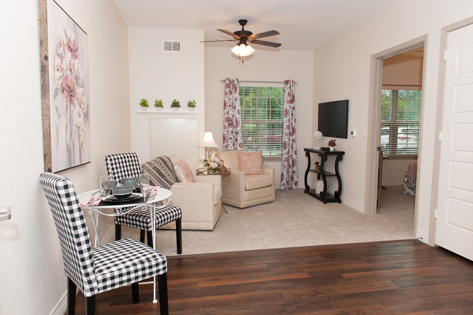A cozy living room with stylish furniture and decor, featuring a comfortable sofa and checkered chairs.
