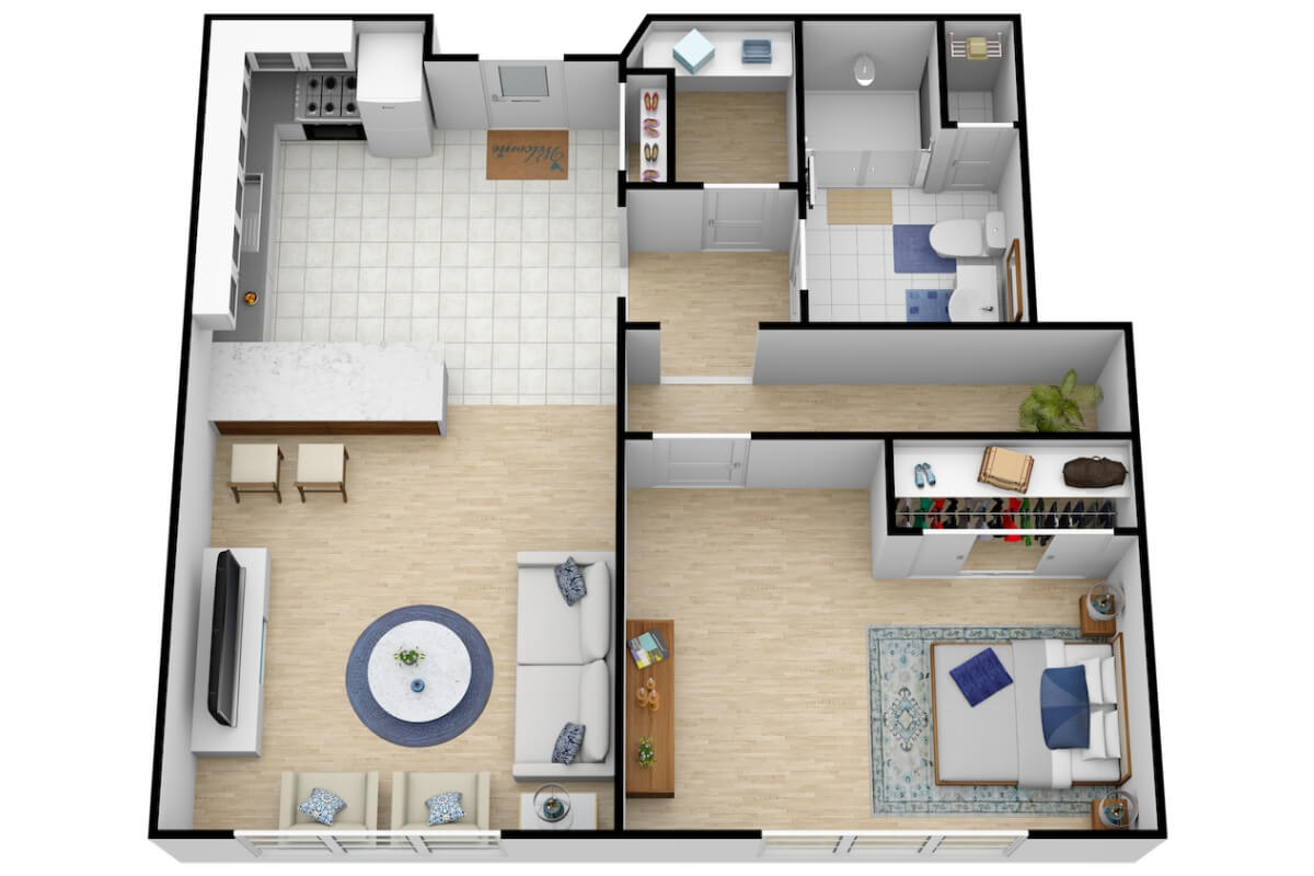 A detailed floor plan of an apartment showcasing a kitchen, living room, bedroom, and bathroom layout.