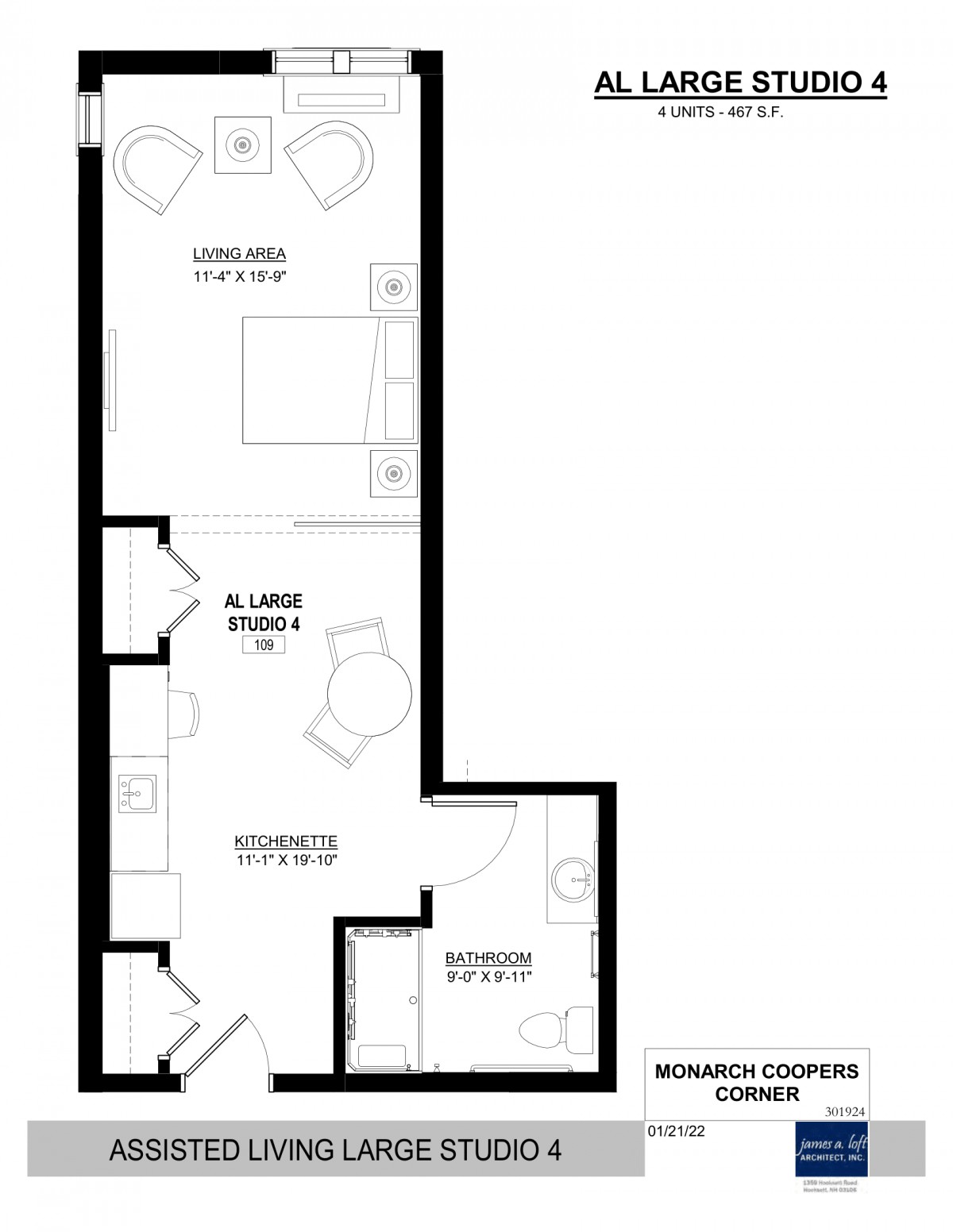 A monochrome floor plan showing the layout of an apartment unit, including a bedroom, living area, kitchen, and bathroom.