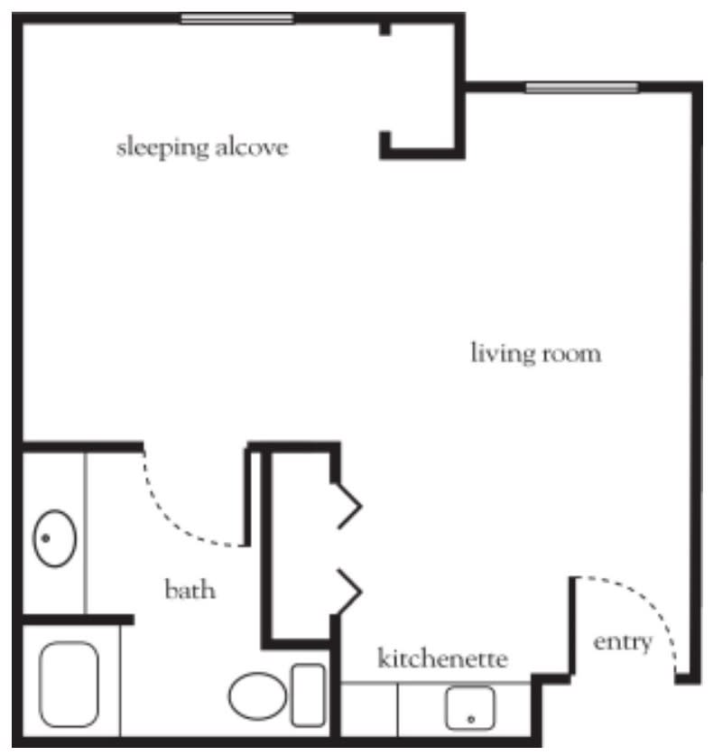 Floor plan of a studio apartment featuring a living room, sleeping alcove, kitchenette, and bathroom.