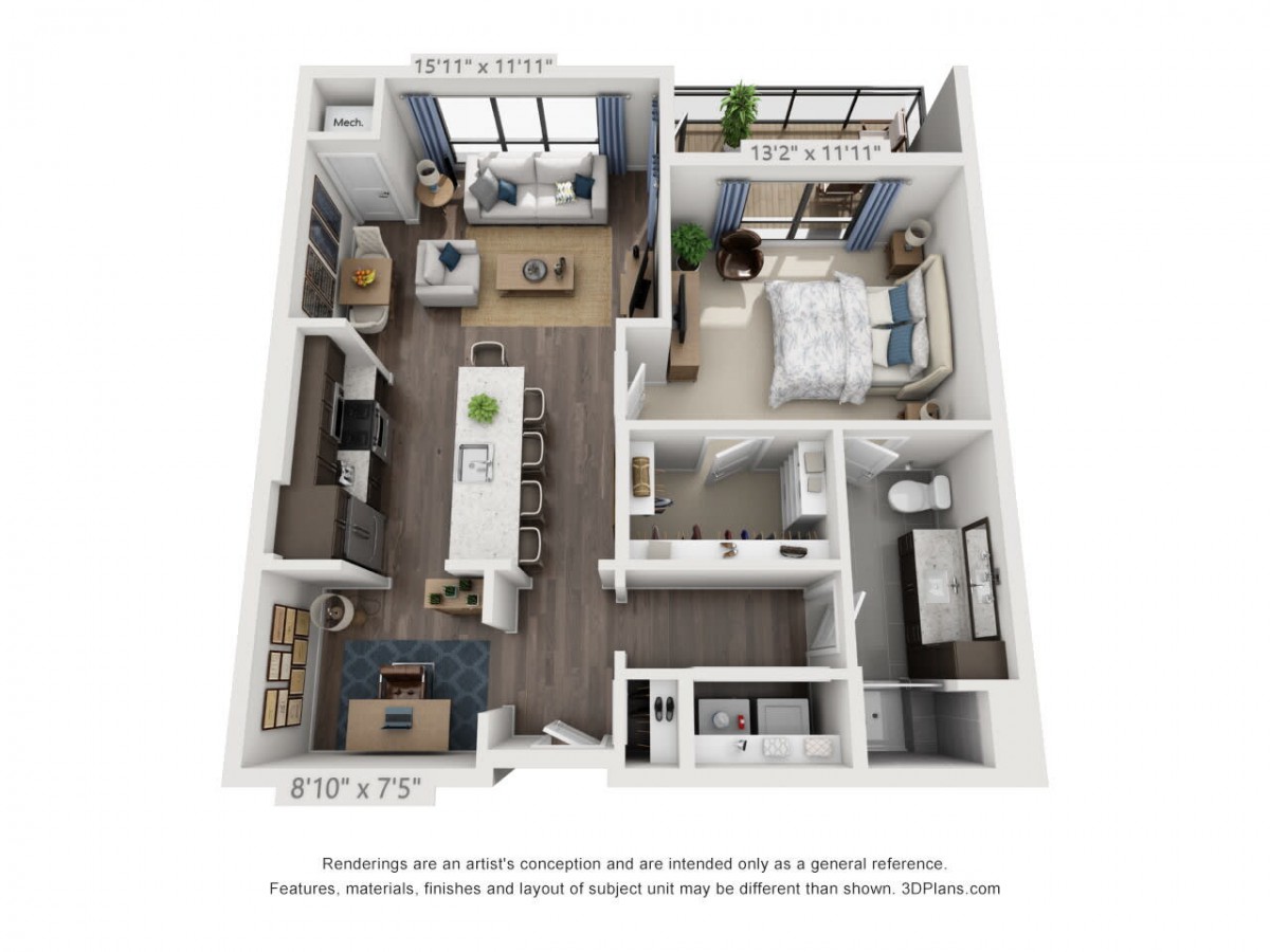 A 3D rendered floor plan of a modern apartment featuring a living room, kitchen, bedroom, and bathroom.