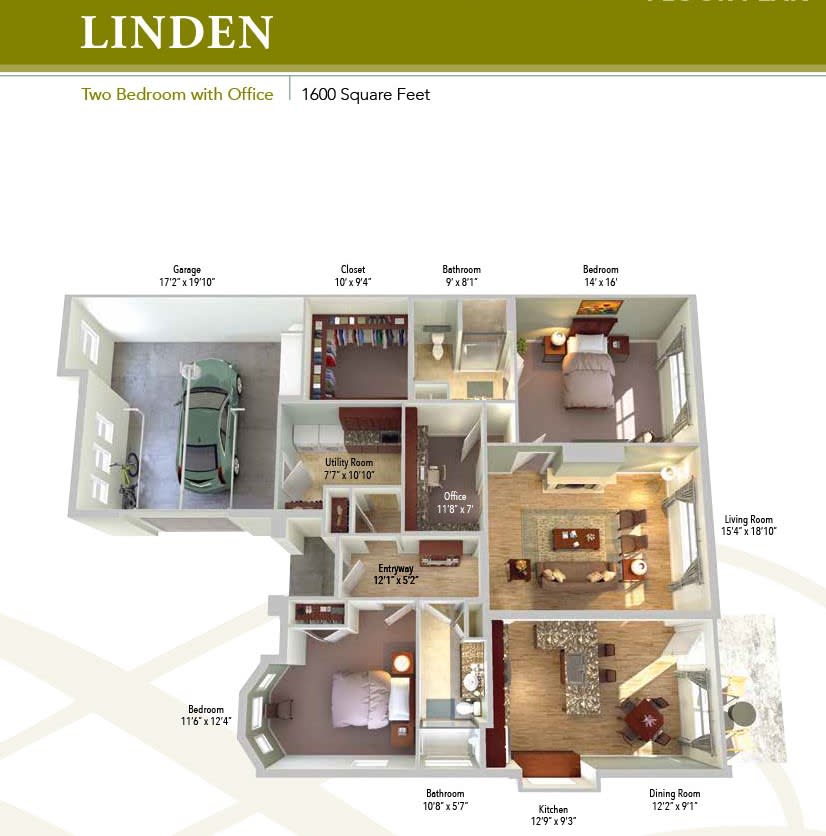 3D floor plan of the Linden apartment model, featuring precise room dimensions and layout.