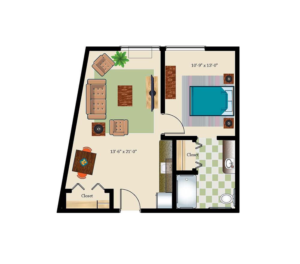 A floor plan of a one-bedroom apartment featuring a living room, kitchen, dining area, and bathroom.