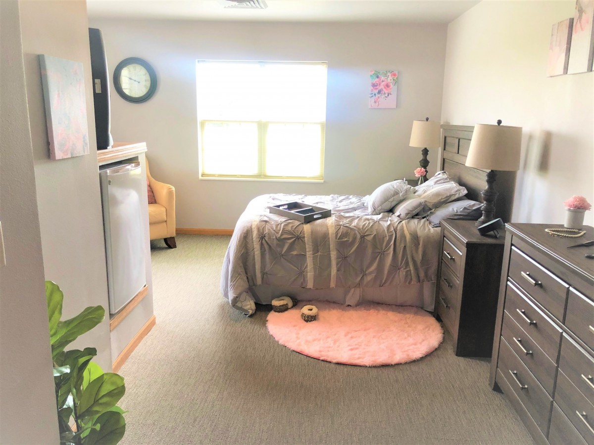 A cozy and well-lit bedroom with a neatly made bed, soft rug, and modern decor.
