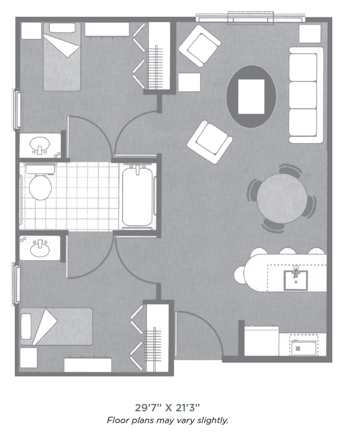 A floor plan of an apartment featuring a living room, kitchen, bedroom, and bathroom.
