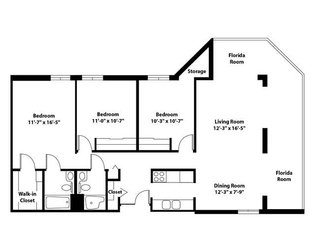 A detailed floor plan of an apartment showing the arrangement of rooms including bedrooms, bathrooms, living room, and dining area.