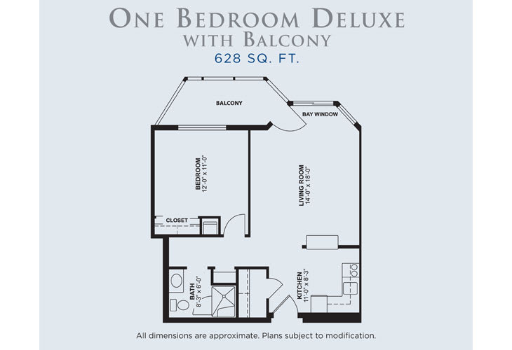 Floor plan of a One Bedroom Deluxe apartment with balcony, sized at 628 square feet.