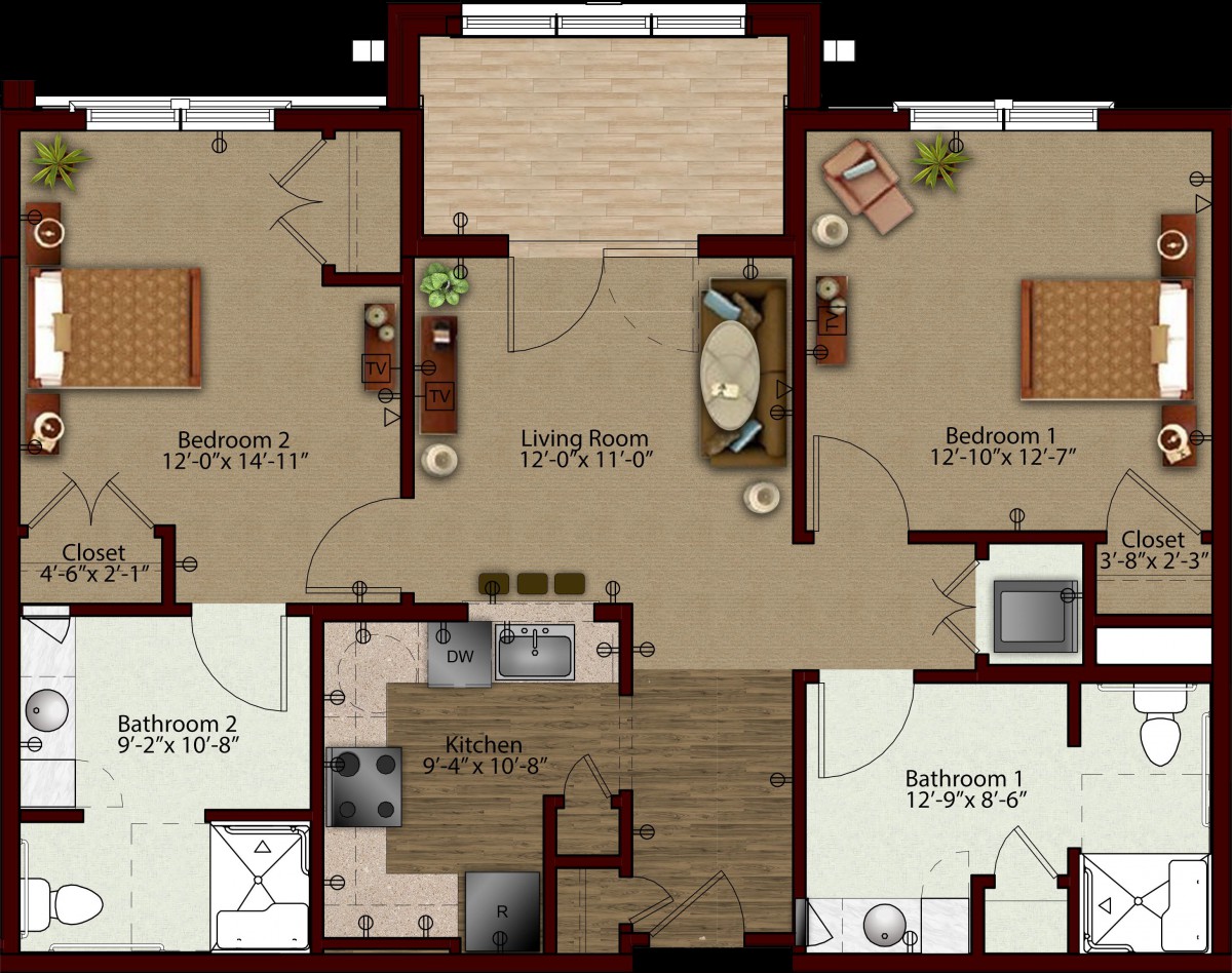 A detailed floor plan of a two-bedroom apartment, featuring a living room, kitchen, bathrooms, and balcony.
