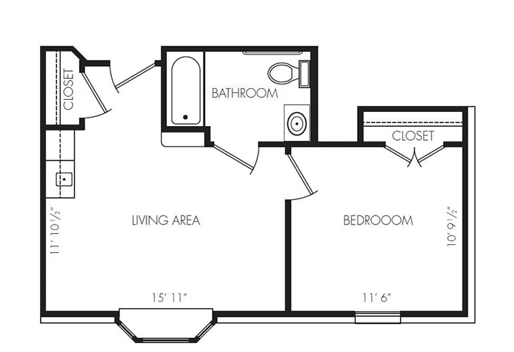 A floor plan of a one-bedroom apartment with a living area, bathroom, and closet.
