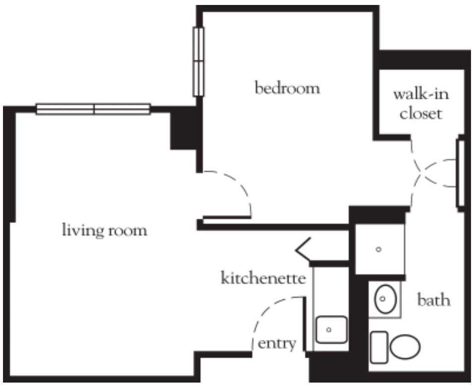 A floor plan of an apartment featuring a living room, bedroom, kitchenette, walk-in closet, and bathroom.