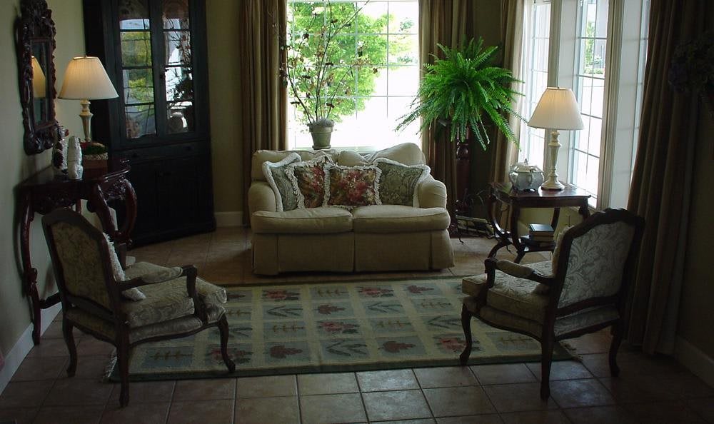 A cozy living room with a sofa, armchairs, and a lush indoor plant by the window.