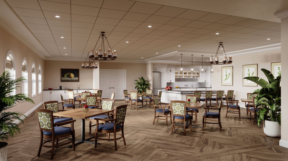 A modern dining area with elegant chandeliers, wooden flooring, and neatly arranged tables and chairs.