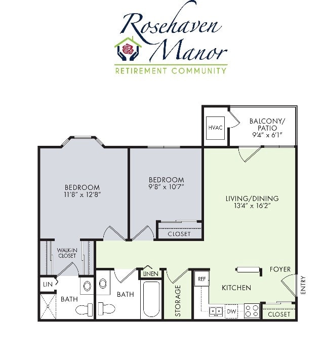 A detailed floor plan of a two-bedroom apartment at Rockhaven Manor, featuring a living room, kitchen, bathrooms, and a balcony.